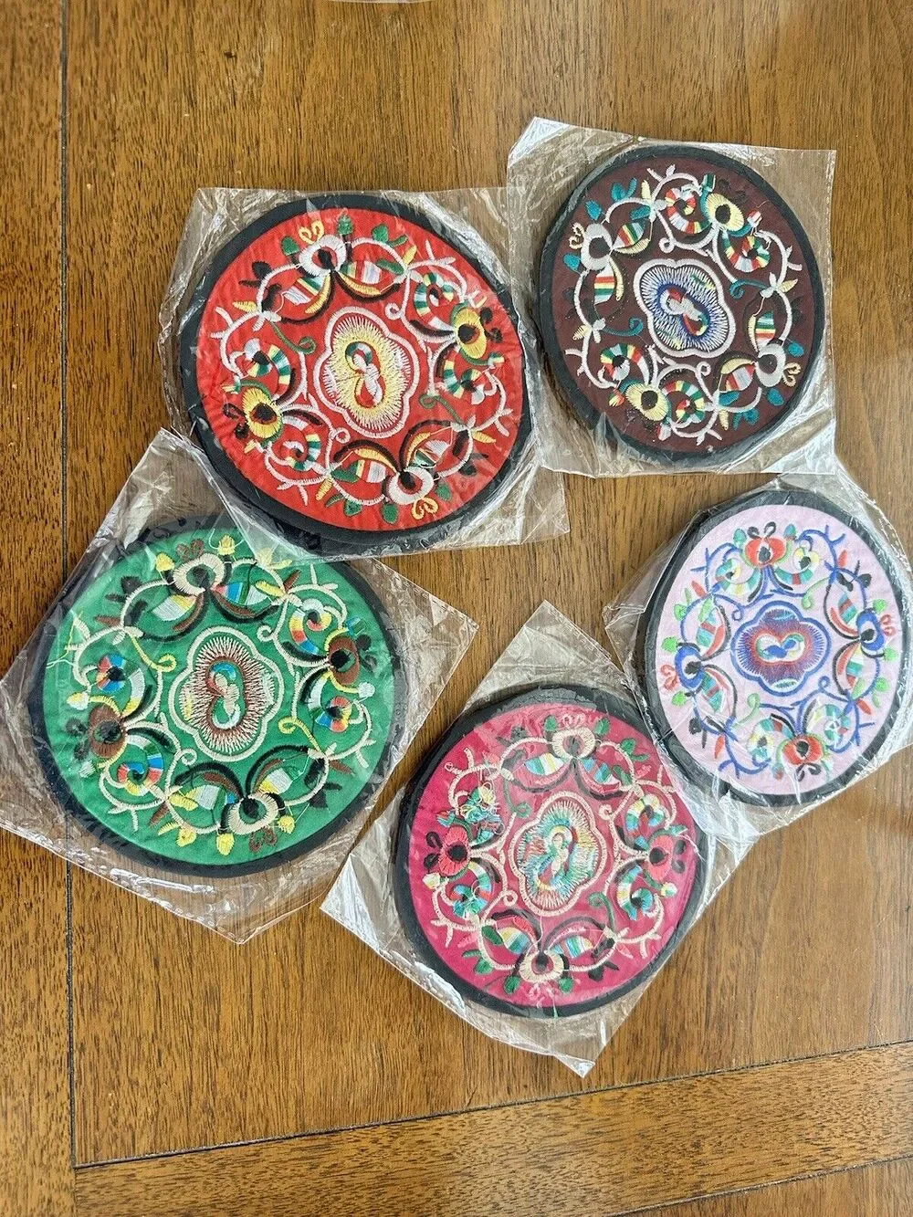 Round Silky Embroidery Chinese Style Coasters Table Mats Multi- Color